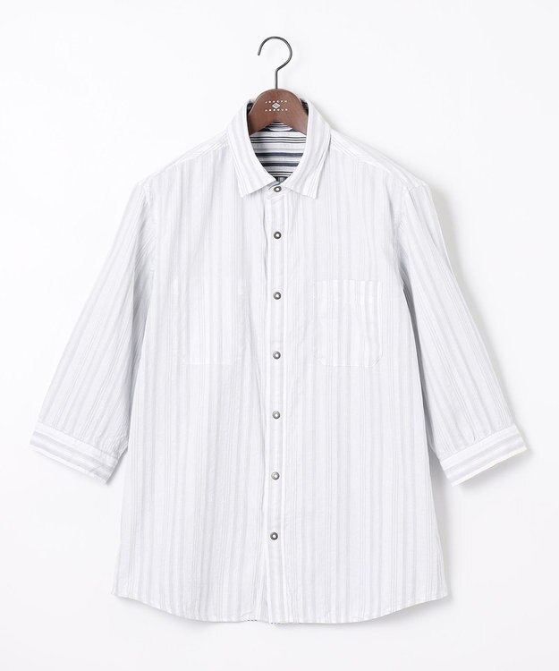 JOSEPH ABBOUD 【キングサイズ・1枚で2通りの着こなし】オーガニックコットンリバーシブル 七分袖シャツ ホワイト系1