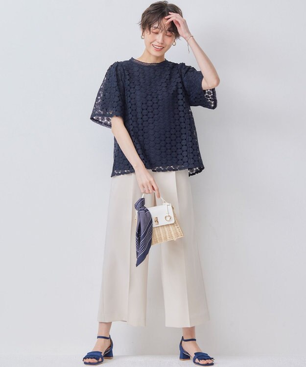 組曲 L フラワーレース半袖ブラウス ネイビー系