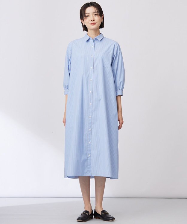 J.PRESS LADIES 【洗える・接触冷感・UVケア】エステネージュ シャツ ワンピース ブルーストライプ系