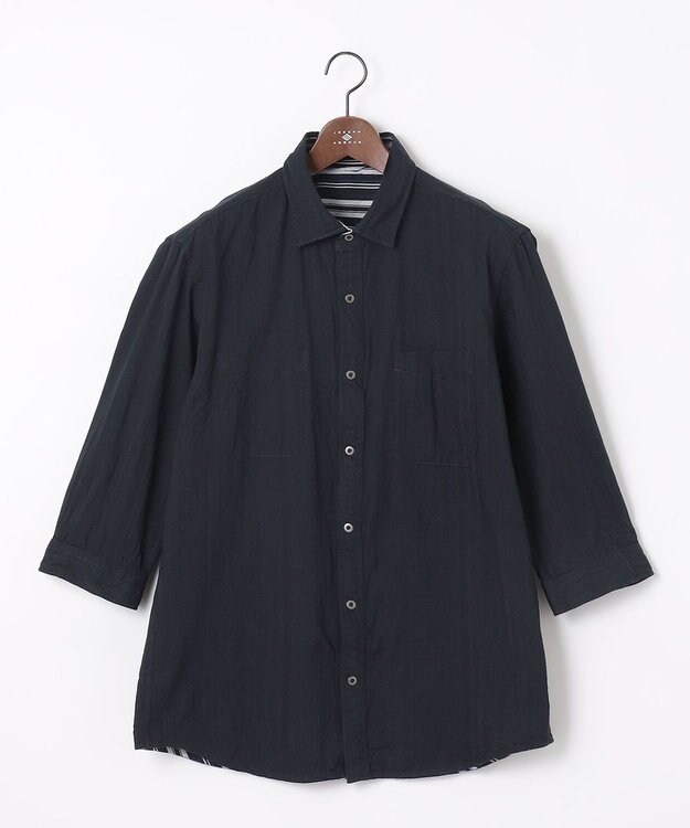 JOSEPH ABBOUD 【キングサイズ・1枚で2通りの着こなし】オーガニックコットンリバーシブル 七分袖シャツ ネイビー系1