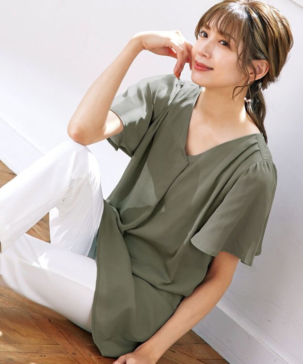 Tiaclasse フレアスリーブチュニックブラウス カーキ