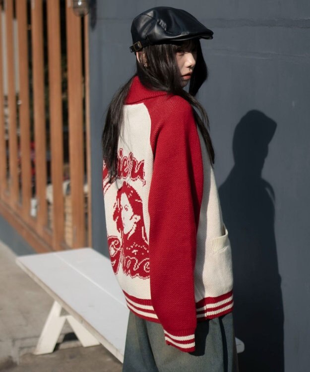 WEGO 【ユニセックス着用ITEM】グラフィックZIPニットブルゾン レッドその他