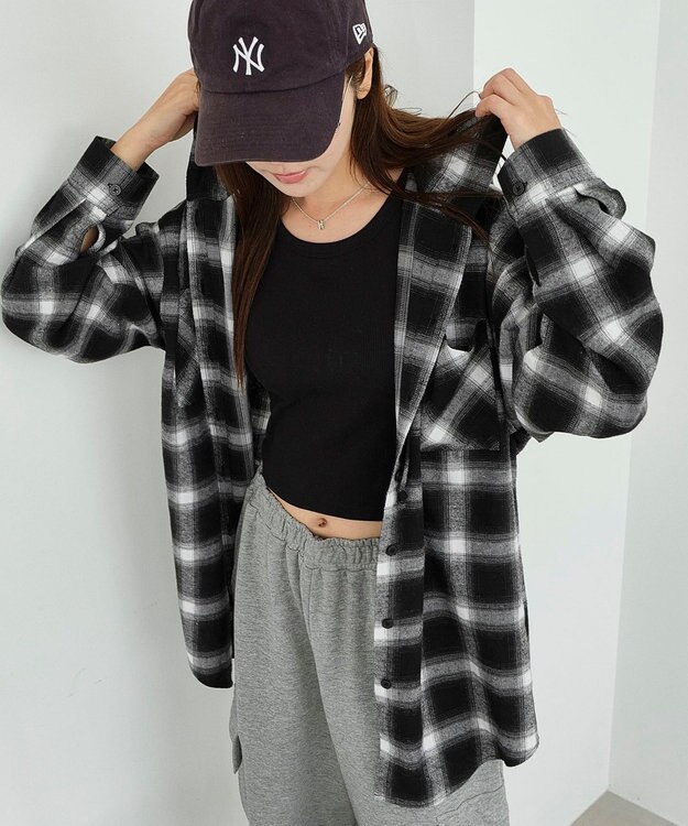 WEGO 【25年秋冬新作】チェックフードBIGネルシャツ ブラック