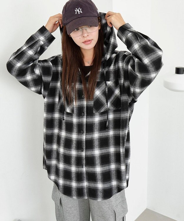 WEGO 【25年秋冬新作】チェックフードBIGネルシャツ ブラック