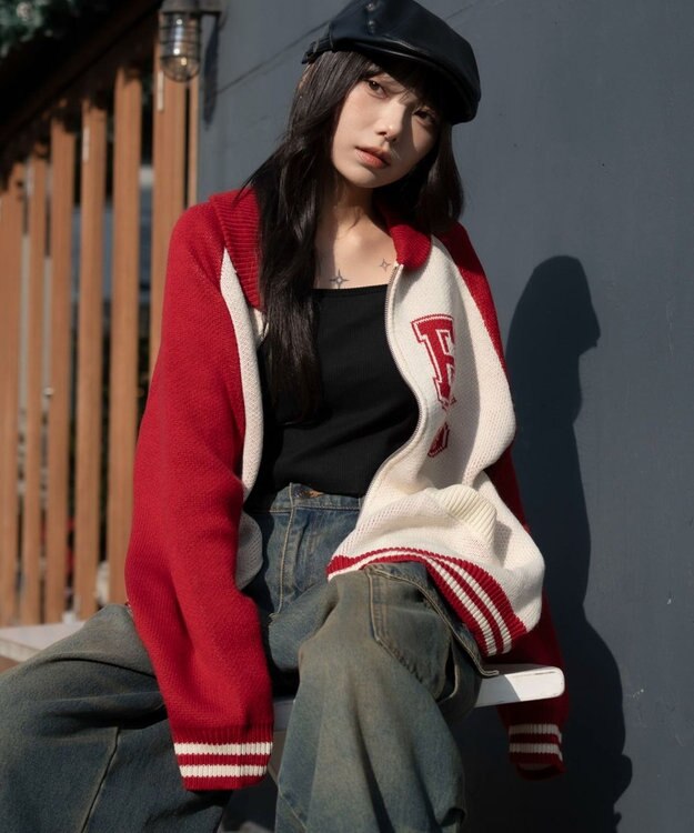 WEGO 【ユニセックス着用ITEM】グラフィックZIPニットブルゾン レッドその他