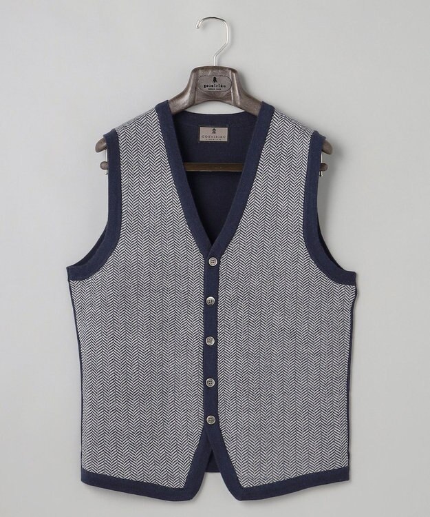 GOTAIRIKU 体温調整に【洗える/チクチクしにくい/ピリングしにくい】イタリア糸 ハイゲージ ベスト_WOOL100% ネイビー×ヘリンボーン柄(25年新色)