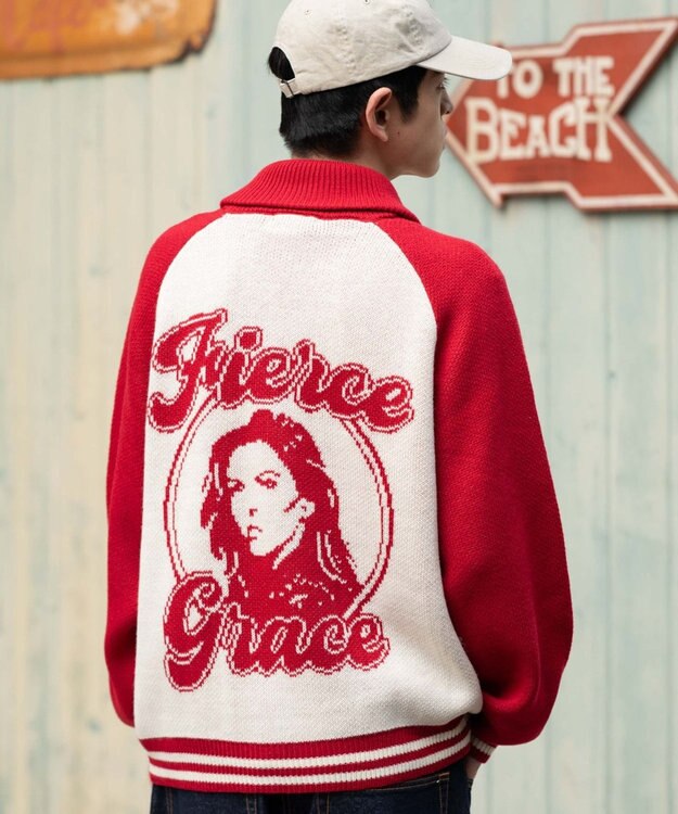 WEGO 【ユニセックス着用ITEM】グラフィックZIPニットブルゾン レッドその他