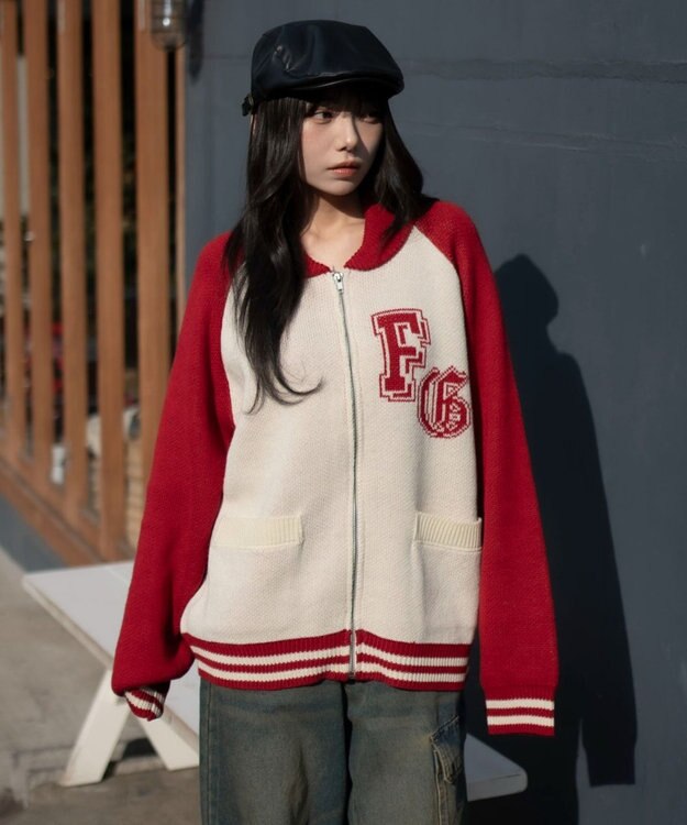 WEGO 【ユニセックス着用ITEM】グラフィックZIPニットブルゾン レッドその他