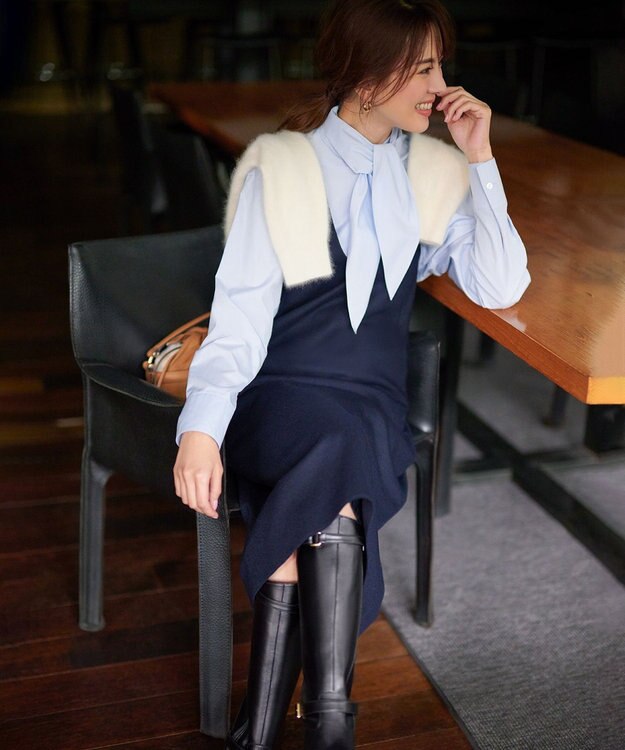 23区 【WEB限定カラーあり】ウール圧縮スムース Vネック ワンピース ダークネイビー