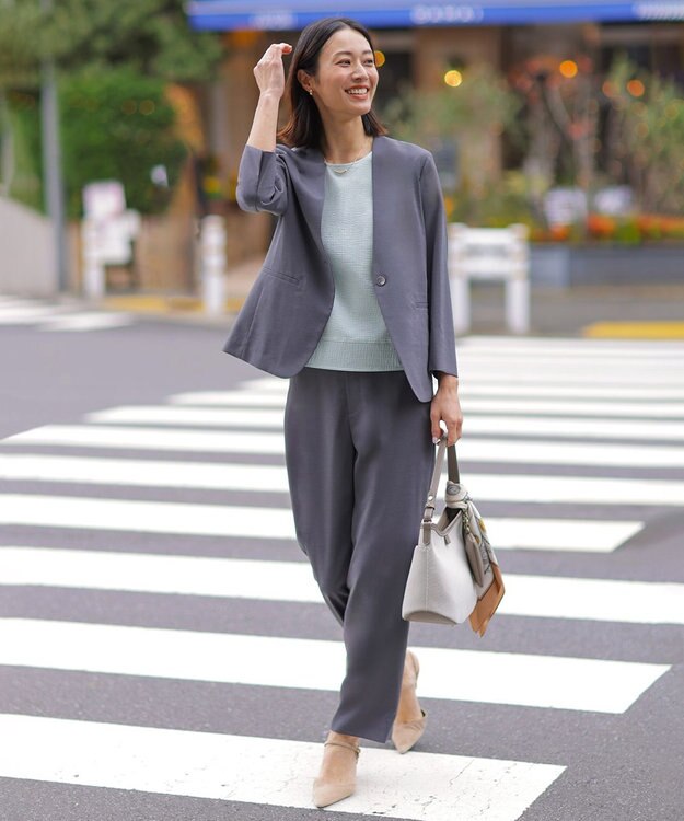 J.PRESS LADIES 【セットアップ対応】ファンマートロストレッチ ノーカラー ジャケット チャコール系