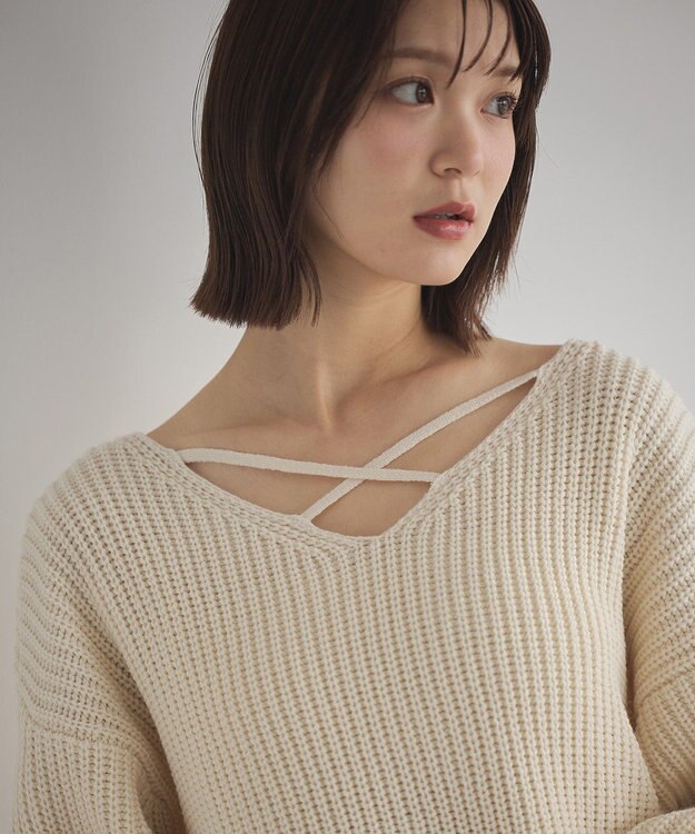earth music&ecology 【毛玉防止 / 洗濯機洗い可】アンチピリングクロスネックルーズニット Ivory