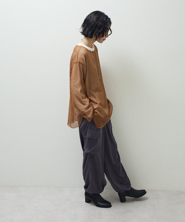 Green Parks メッシュ長袖ゆるカットプルオーバー Mustard