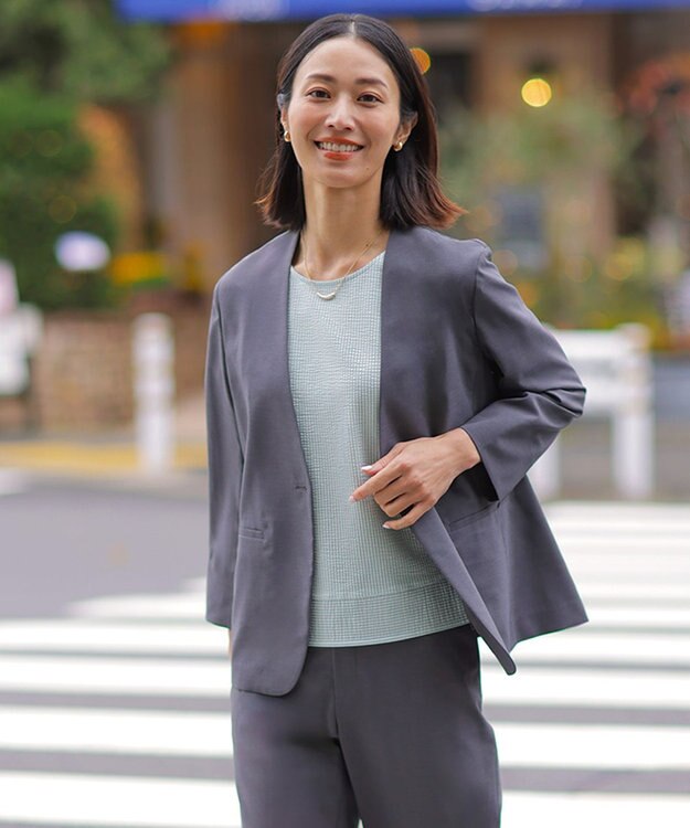 J.PRESS LADIES 【セットアップ対応】ファンマートロストレッチ ノーカラー ジャケット チャコール系