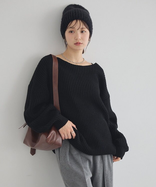 earth music&ecology 【毛玉防止 / 洗濯機洗い可】アンチピリングクロスネックルーズニット Black