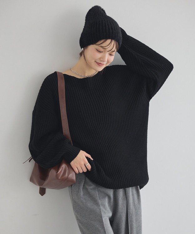 earth music&ecology 【毛玉防止 / 洗濯機洗い可】アンチピリングクロスネックルーズニット Black