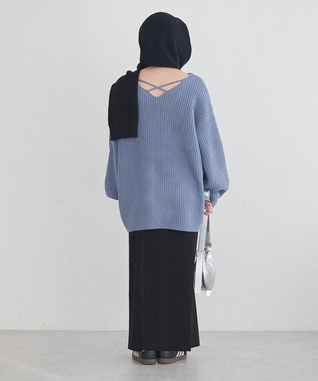 earth music&ecology 【毛玉防止 / 洗濯機洗い可】アンチピリングクロスネックルーズニット Sax