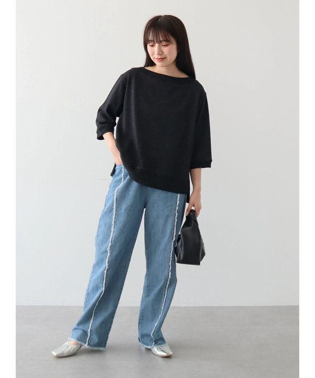 Green Parks ボートネックラメミニ裏毛プルオーバー Black