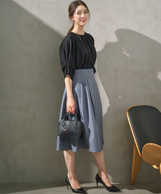 組曲 L 【WEB限定】ボーダージャガード タック袖ブラウス ブラック系