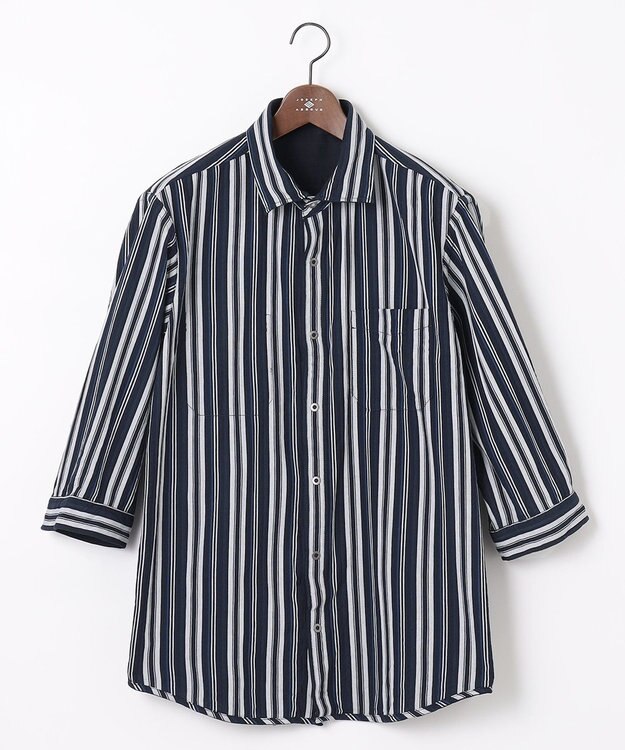 JOSEPH ABBOUD 【キングサイズ・1枚で2通りの着こなし】オーガニックコットンリバーシブル 七分袖シャツ ネイビー系1