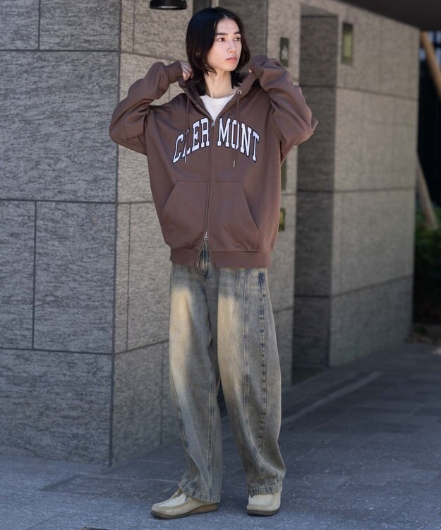 WEGO 【25年秋冬新作/ユニセックス着用ITEM/SMLサイズ展開】グラフィックロゴダブルZIPパーカー ブラウン