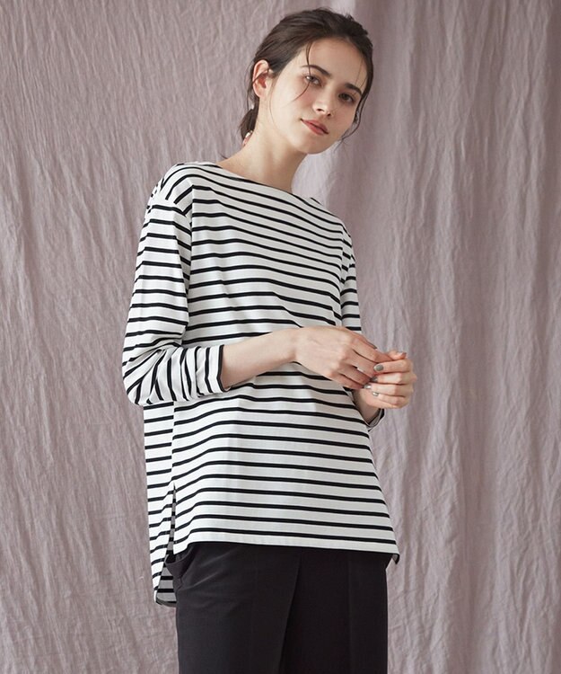 23区 【SLOW/一部店舗限定】ギザコットンボーダー ボートネックカットソー オフホワイトXブラックボーダー