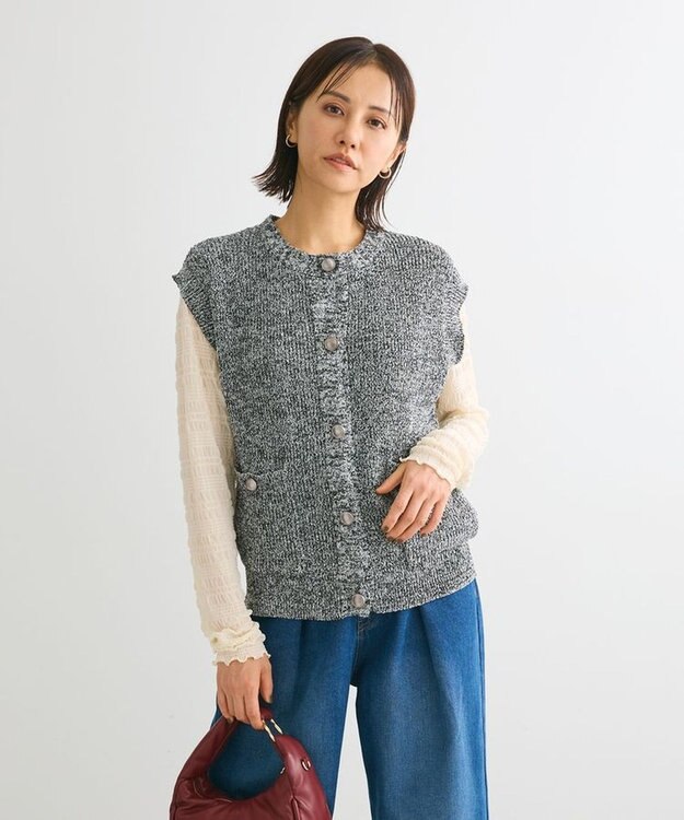 Green Parks シルバーボタンクルーネックベスト Gray Mixture