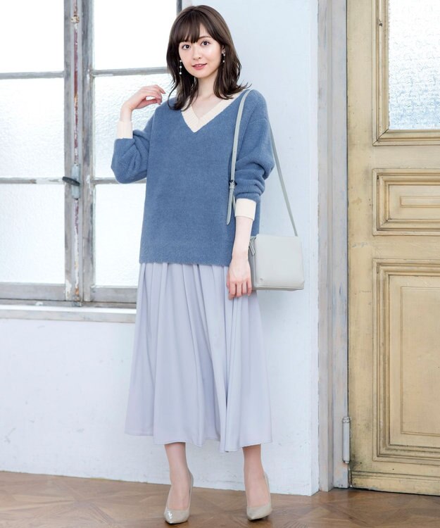 Tiaclasse L 【洗える】表情豊かなメランジニットVネックトップス ブルー×オフホワイト