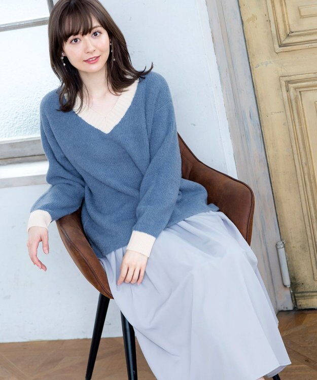 Tiaclasse L 【洗える】表情豊かなメランジニットVネックトップス ブルー×オフホワイト