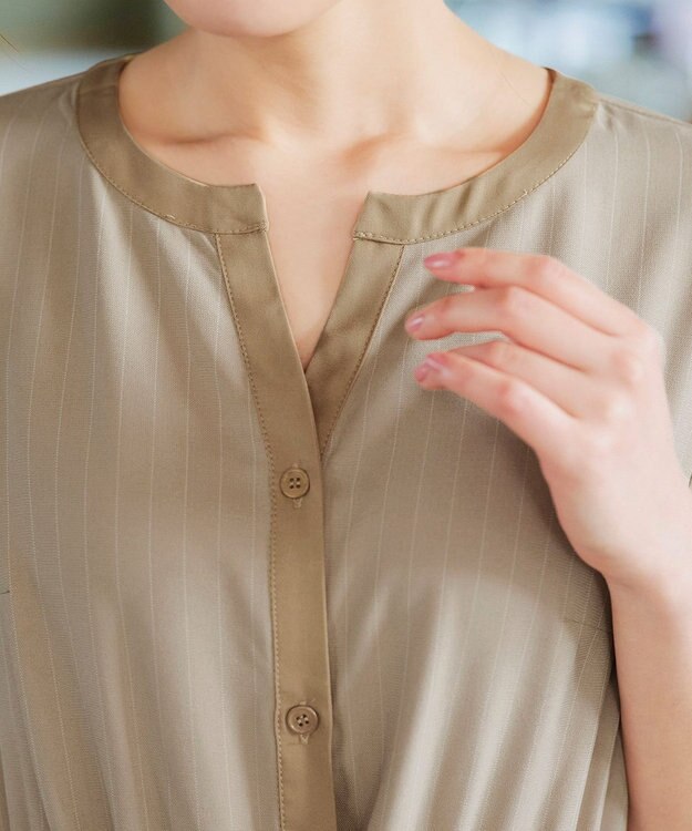 Tiaclasse L 【新色追加・洗える】配色キーネックストライプワンピース ライトベージュ×ベージュ