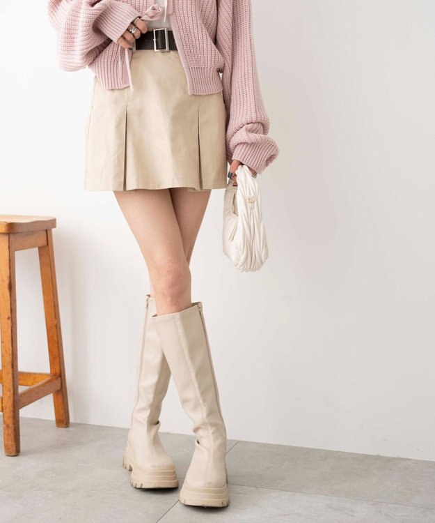 WEGO ベルト付チノプリーツスカパン ベージュ