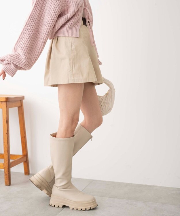 WEGO ベルト付チノプリーツスカパン ベージュ