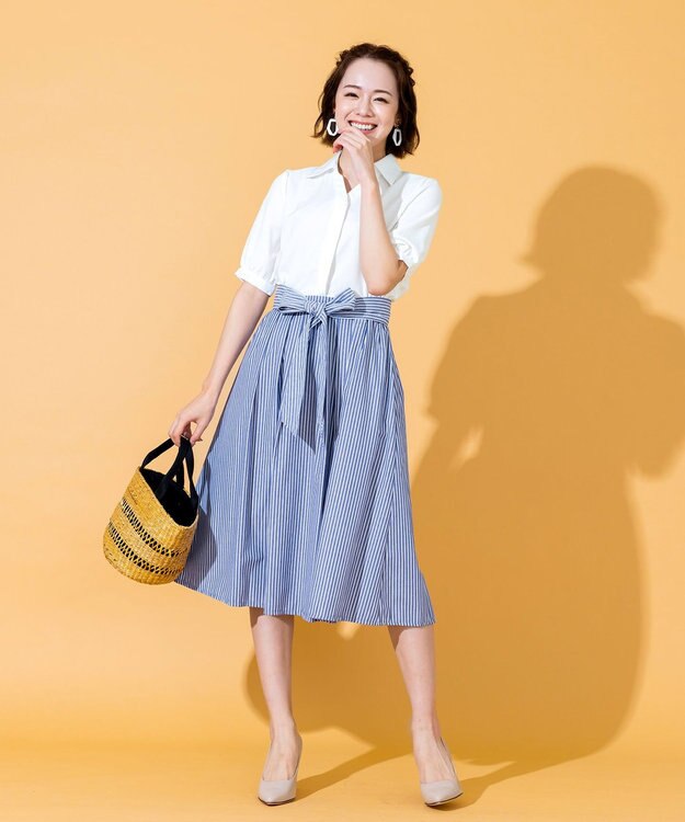 Tiaclasse 【洗える】小顔効果も叶えるスキッパーシャツワンピース ネイビーストライプ