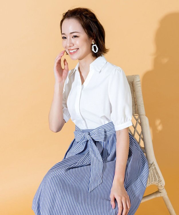 Tiaclasse 【洗える】小顔効果も叶えるスキッパーシャツワンピース ネイビーストライプ