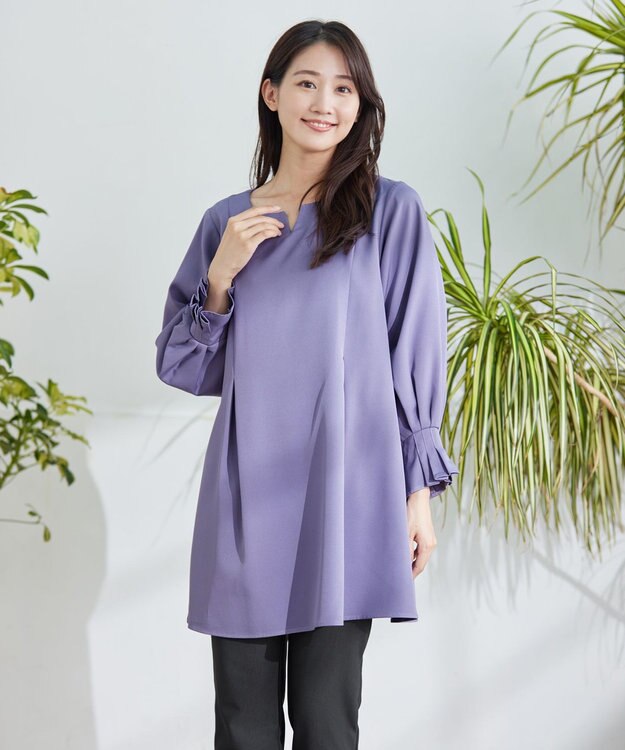 Tiaclasse 【洗える】プリーツパフ袖チュニックブラウス パープルグレー