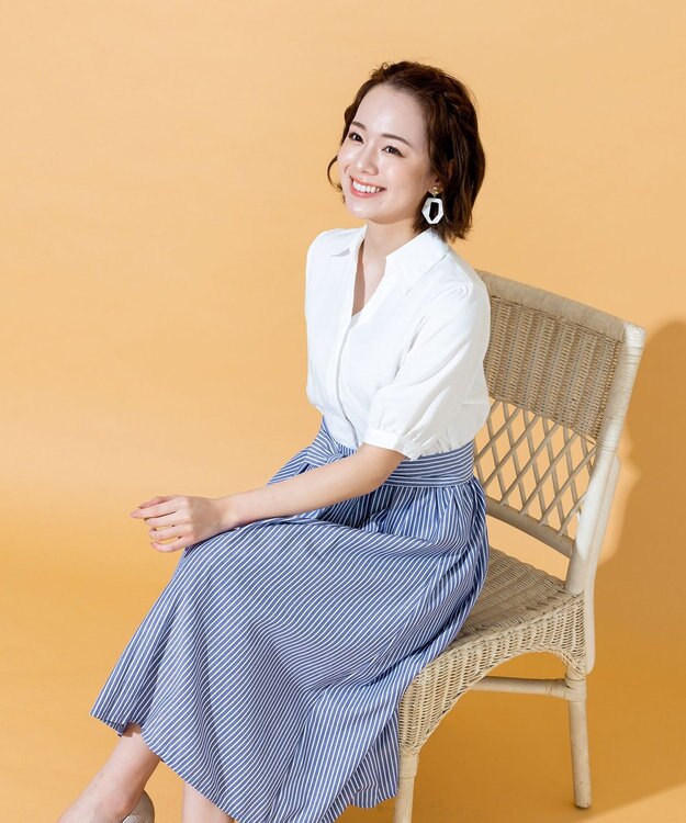 Tiaclasse 【洗える】小顔効果も叶えるスキッパーシャツワンピース ネイビーストライプ