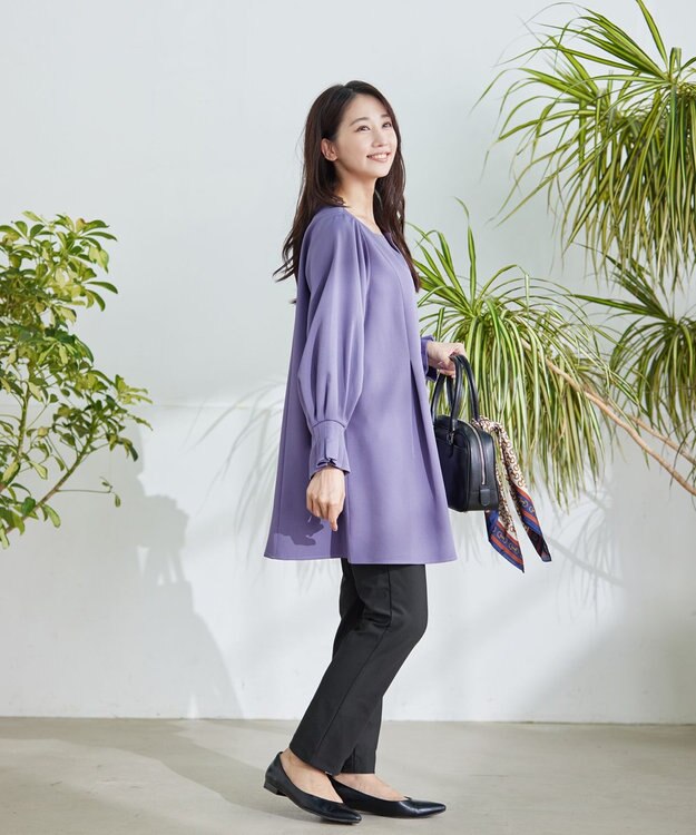 Tiaclasse 【洗える】プリーツパフ袖チュニックブラウス パープルグレー