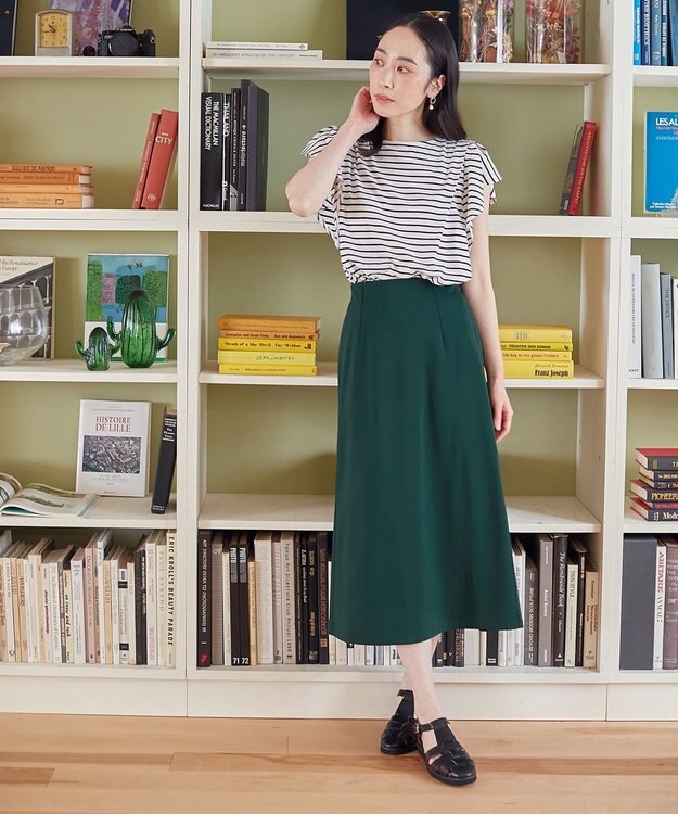 ANY 【接触冷感/UVケア/シワになりにくい】フレアスリーブ Tブラウス ボーダー