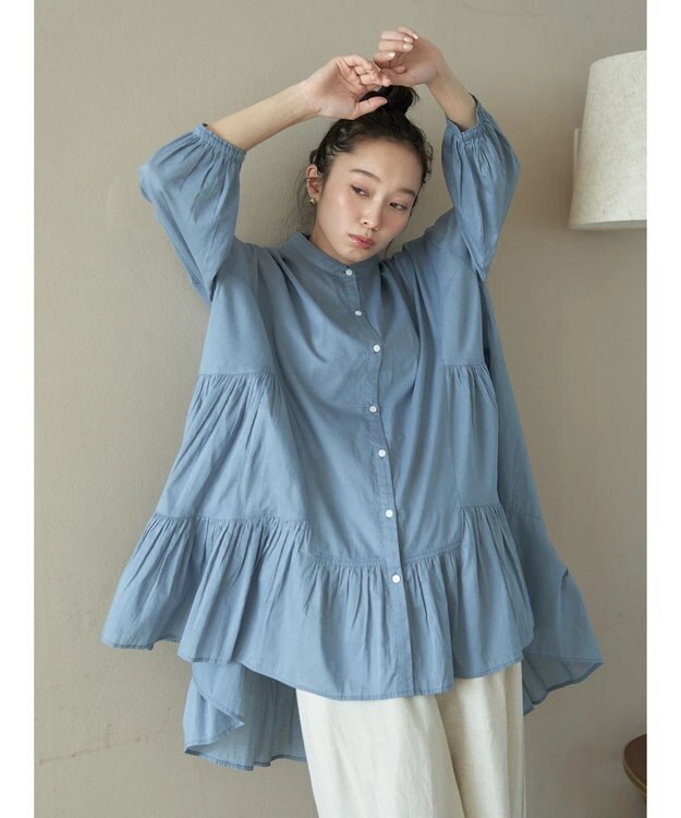 earth music&ecology コットンボイル切替ティアードチュニック Blue