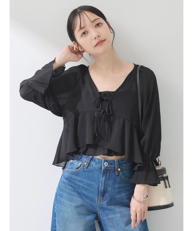 earth music&ecology ＳＥＴ２点キャンディースリーブブラウス＋インナー Black