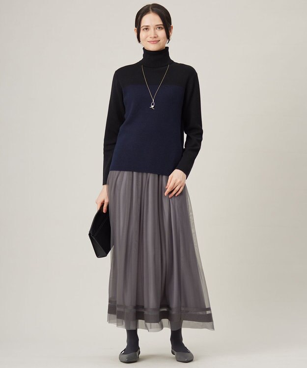 自由区 L 【洗える】シルクウールリブタートルネック ニット ブラック×ネイビー