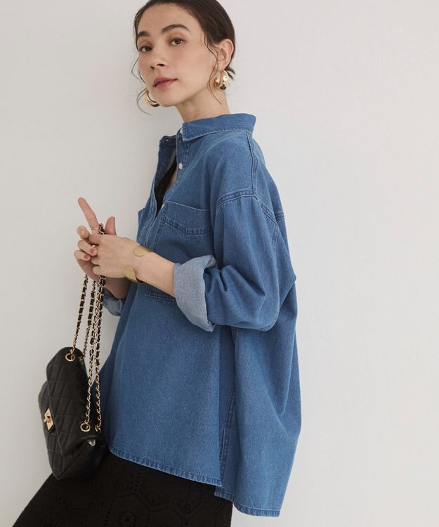 WEGO 【ANGIE VINTAGE】襟が選べる デニム プルオーバー シャツ（バンドカラー/レギュラー） ブルーその他