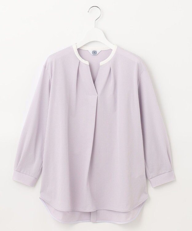 J.PRESS LADIES L ピンストライプジャージー バンドカラー スキッパー カットソー ふじ色系1