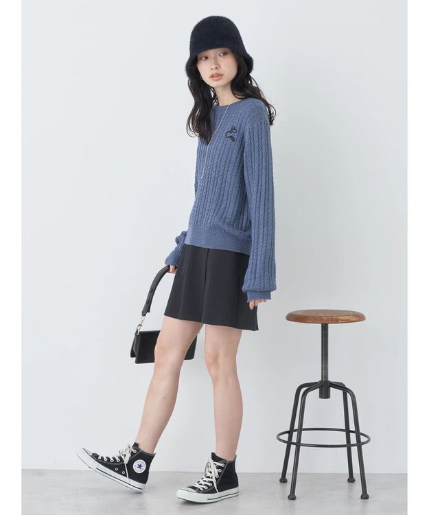 earth music&ecology 刺繍入りケーブルニットプルオーバー Blue