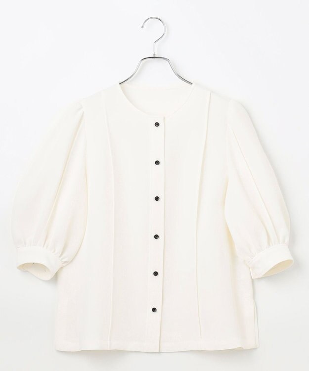 #Newans 【洗濯機可能/シワになりにくい】〈肩幅・二の腕が華奢見えする〉パフスリーブバイカラーブラウス ホワイト