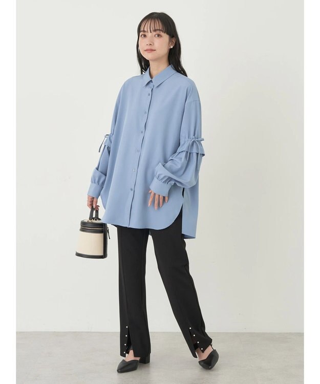 earth music&ecology ギャザースリーブシャツ Blue