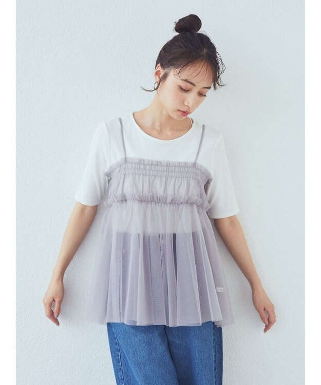 earth music&ecology ＳＥＴ２点チュールビスチェ＋リブプルオーバー Gray