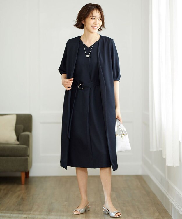 自由区 L 【接触冷感・速乾・UVカット・撥水・防シワ】リネンライクツイル ロングジレ ネイビー系