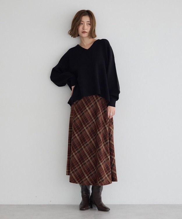 YECCA VECCA チェック柄アシメデザインスカート Brown