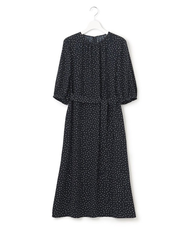 23区 【洗える】バックサテンアムンゼン ドットプリント ワンピース ネイビー×ホワイトドット