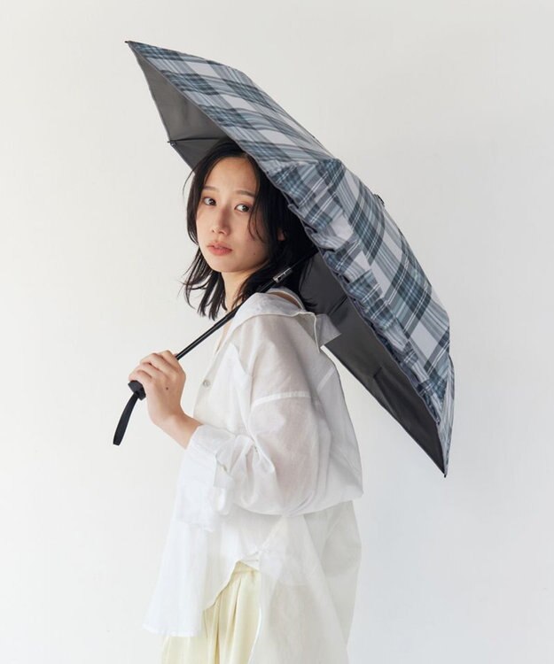 AURORA 【Ungrid（アングリッド）】ワンポイントフリルチェック柄プリント晴雨兼用傘（折りたたみ） ブルー
